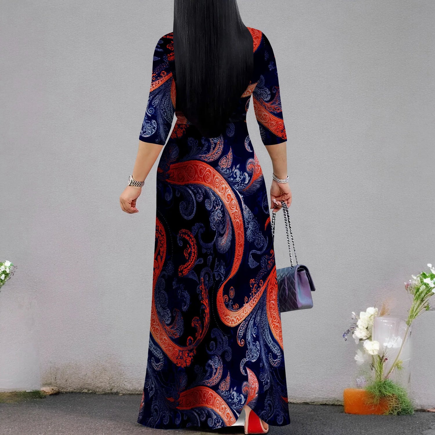 Plus Size Dresses for Women Print Maxi Dresses Flowy 3/4 Sleeve with Belt