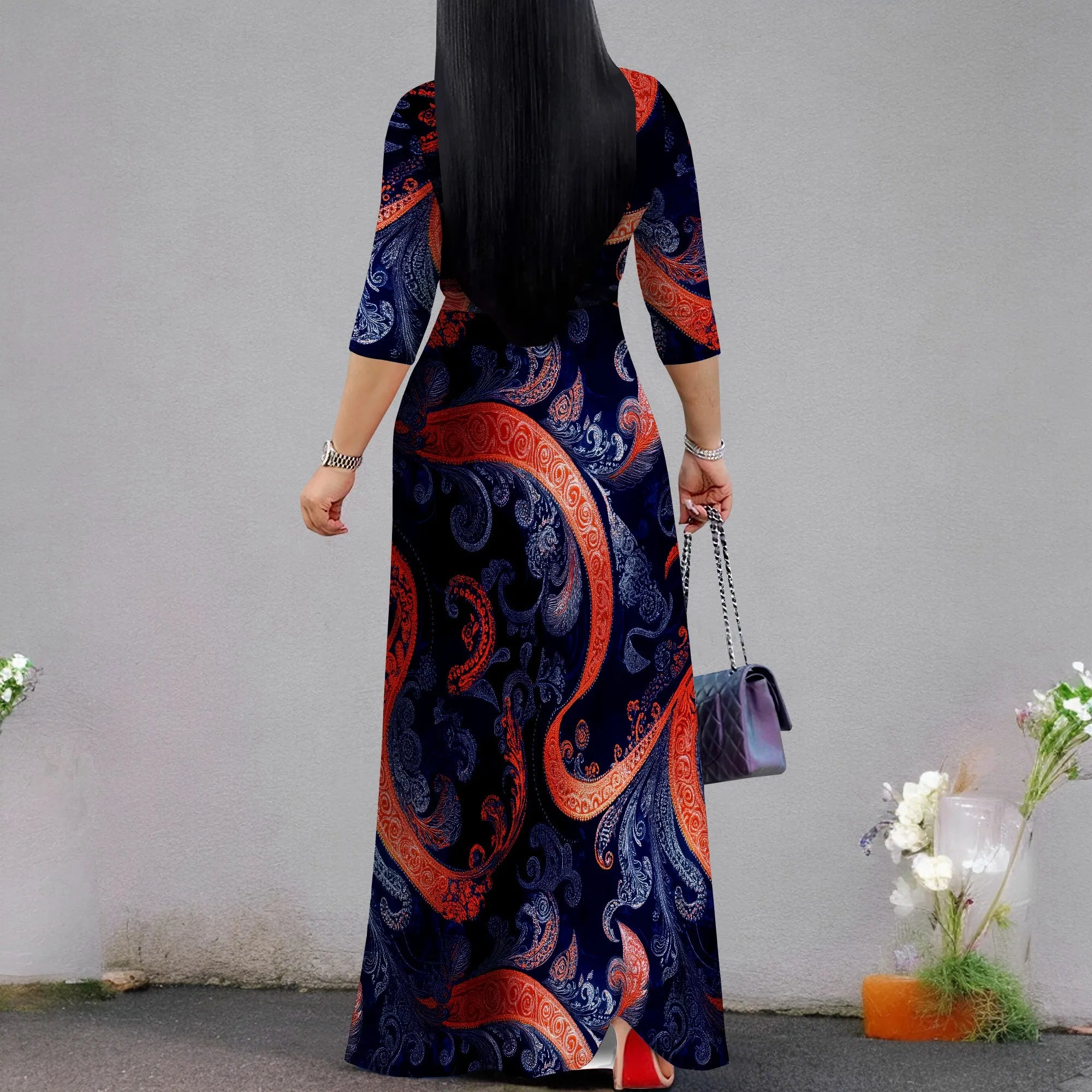 Plus Size Dresses for Women Print Maxi Dresses Flowy 3/4 Sleeve with Belt