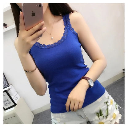 Tank Tops Women Summer O-neck Solid Color Female U-shaped Low Cut Lace Suspender Vest 2024 New Sleeveless Camisole For Ladies