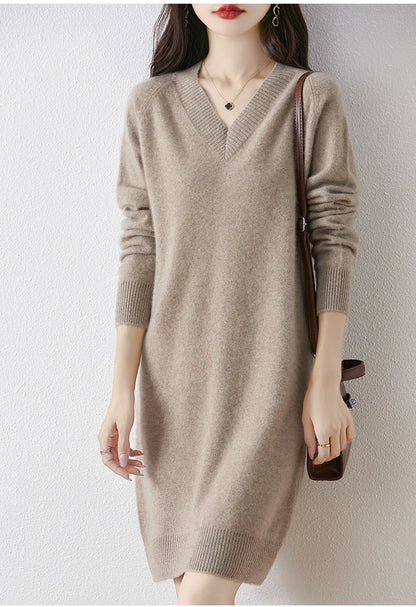 Fashion Autumn Winter Dress Women100%Merino Wool V-neck Long-sleeved Dress Women&
