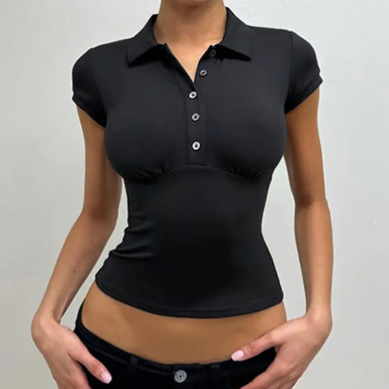 Turn-down Collar T Shirts For Women Streetwear Short Sleeve Crop Top Y2k Clothes Buttons Tshirt Solid Camisetas Slim Ropa Mujer