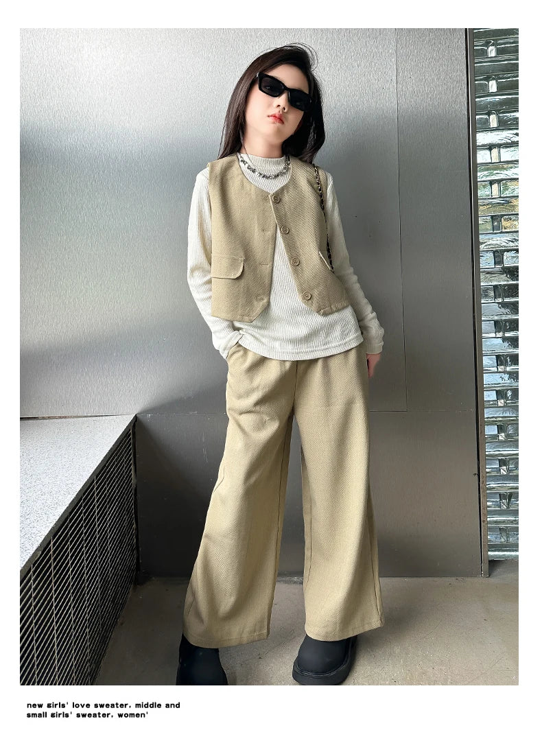 Design junior girls clothes set Round neck vest+cotton t-shirt+Wide leg pants 3pcs teenage kids clothing suit chidren outfits 14