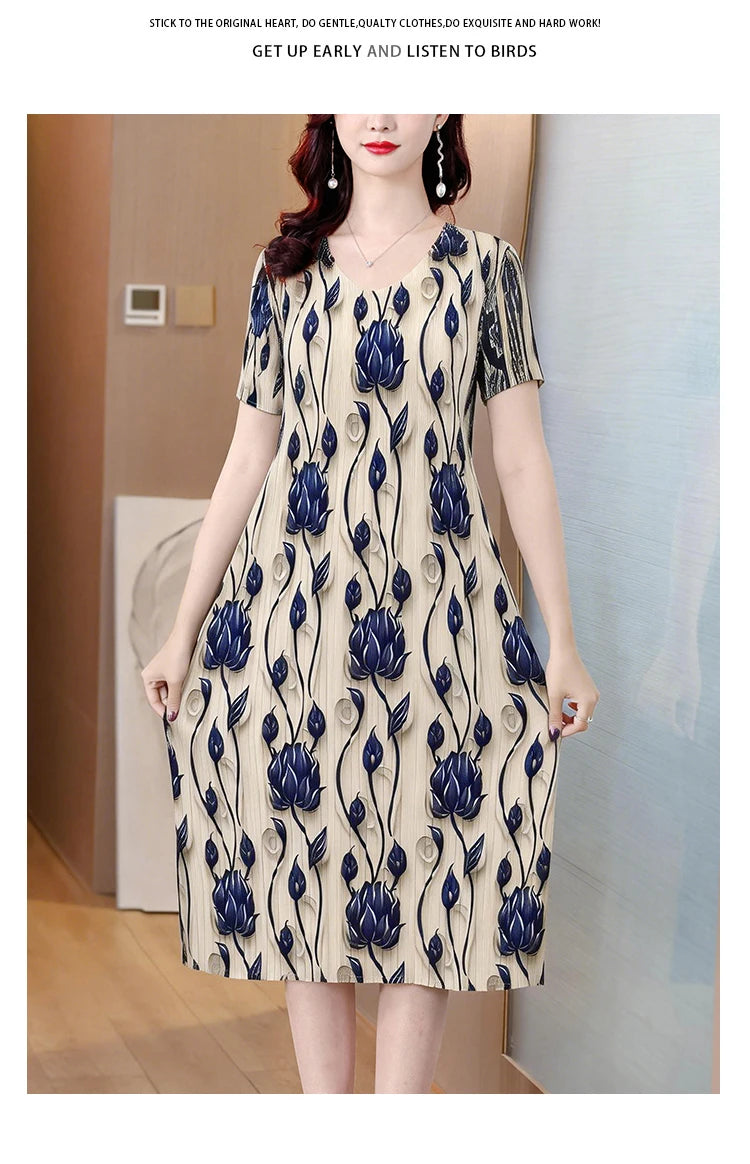 Elegant Pleated Maxi Dress for Women Summer Fashion High Waist A-Line Skirt Short Sleeve round Neck Iron-Free Business Wear