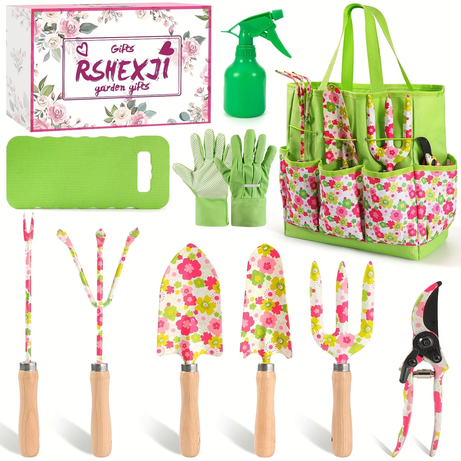 Gardening Tools 10PCS Heavy Duty Garden Hand Tools with Fashion Floral Organizer Handbag Rust-Proof Garden Tool Gifts for Women