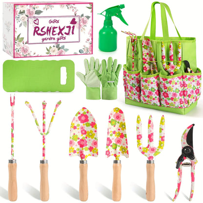 Gardening Tools 10PCS Heavy Duty Garden Hand Tools with Fashion Floral Organizer Handbag Rust-Proof Garden Tool Gifts for Women