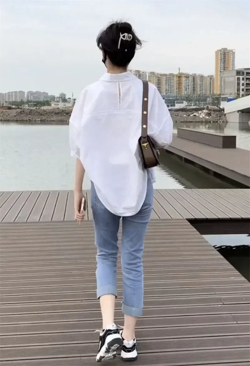 Women Blouses Elegant Streetwear Office Casual Loose Button Up White Blue Long Sleeve Vintage Oversize Shirt Tops