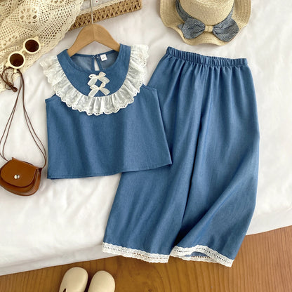 Kids Clothes Girls Summer Fashion  Cowboy Blue Lace Bow+Lace Wide Leg Pants Sets Children&