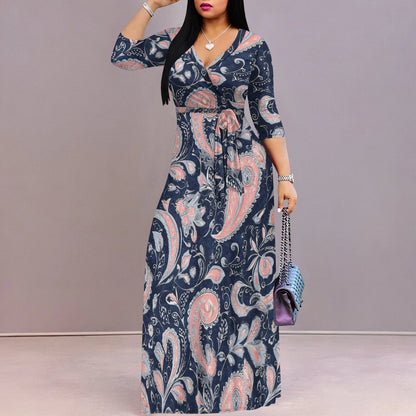 Plus Size Dresses for Women Print Maxi Dresses Flowy 3/4 Sleeve with Belt
